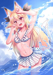  :o animal_ears arm_up armpits bikini bikini_skirt blonde_hair blue_sky breasts brown_eyes cleavage cloud cloudy_sky cocoasabure collarbone commentary_request day female fox_ears fox_girl fox_tail hair_between_eyes highres horizon indie_virtual_youtuber long_hair looking_at_viewer midriff navel ocean outdoors pleated_skirt polka_dot polka_dot_bikini sidelocks skirt sky solo swimsuit tail tsugino_kisa two_side_up virtual_youtuber wading 