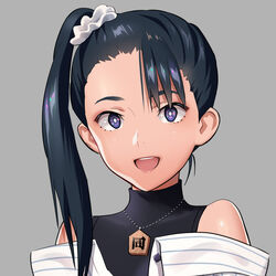  :d bare_shoulders black_hair bright_pupils female grey_background jewelry long_hair looking_at_viewer necklace off-shoulder_shirt off_shoulder open_mouth original portrait purple_eyes shirt side_ponytail simple_background smile solo sweater turtleneck turtleneck_sweater upper_body virtual_youtuber white_pupils yukiyoshi_mamizu 