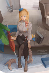  armchair bad_id bad_pixiv_id bag black_pantyhose black_skirt blazer blonde_hair blue_eyes blue_headwear blush boots braid breasts brown_footwear brown_gloves chair closed_mouth commission feet female french_braid full_body gloves grey_jacket high_heel_boots high_heels highres holding holding_boots holding_clothes holding_footwear jacket legs lips long_hair looking_at_viewer md5_mismatch medium_breasts neck_ribbon no_shoes pantyhose pencil_skirt pink_ribbon ribbon richelieu_(warship_girls_r) rifu_(643763873) shaded_face shirt side_ponytail simple_background single_glove sitting skirt solo toes umbrella unworn_boots warship_girls_r white_shirt 