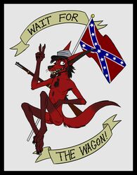  anthro biped black_border black_hair body_hair border canid canine canis civil_war clothing confederate confederate_flag facial_hair fox foxmusk fur gun hair hairy headgear headwear male mammal nico_(foxmusk) ranged_weapon red_body red_fur simple_background solo teeth text weapon 