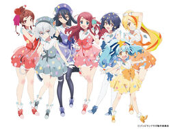  6+girls bare_legs black_hair black_legwear blonde_hair blue_hair boots bow bowtie brown_hair color_coordination dress fukagawa_kazumi full_body heart heart_hair high_heel_boots high_heels high_ponytail hoshikawa_lily konno_junko light_blue_hair light_green_hair lineup long_hair looking_at_viewer minamoto_sakura mizuno_ai multicolored_hair multiple_girls neck_ribbon neckerchief nikaidou_saki official_art open_mouth orange_hair pantyhose red_hair ribbon sailor_collar sailor_dress short_hair sleeveless sleeveless_dress streaked_hair thighhighs white_background white_hair white_legwear white_sailor_collar yamada_tae yuugiri_(zombie_land_saga) zombie_land_saga 