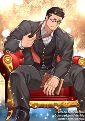  1boy alternate_costume bara belt black_hair book closed_mouth facial_hair foot_out_of_frame formal glasses jacket kienbiu looking_at_viewer loose_necktie male_focus muscular muscular_male necktie one_eye_closed paid_reward_available pectorals photoshop_(medium) shoes short_hair simple_background sitting solo stubble thighs tokyo_afterschool_summoners vest yellow_eyes zabaniyya_(fashionista_suit)_(housamo) zabaniyya_(housamo) 