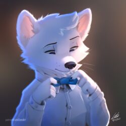  1:1 2021 4_fingers anthro arctic_fox blue_eyes bow_tie canid canine claws clothed clothing dated finger_claws fingers fox fur half-length_portrait leto_(letodoesart) letodoesart male mammal portrait shirt simple_background solo topwear true_fox white_body white_fur 