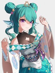  absurdres bare_shoulders black_leotard blush bow breasts cleavage cleavage_cutout clothing_cutout double_bun female finana_ryugu finana_ryugu_(2nd_costume) fins fish_girl frilled_skirt frills green_hair green_skirt hair_bun hair_ornament halterneck head_fins hechium highres japanese_clothes kimono leotard leotard_under_clothes long_sleeves looking_at_viewer medium_breasts medium_hair nijisanji nijisanji_en obi off_shoulder official_alternate_costume purple_bow purple_eyes sash simple_background skirt smile solo star_(symbol) star_hair_ornament starfish tiara twintails virtual_youtuber white_background white_kimono wide_sleeves 