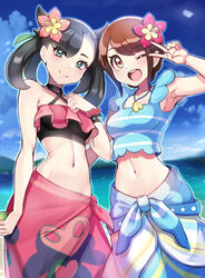  2girls ;d armpits asymmetrical_bangs beach black_hair blue_sky bracelet breasts brown_eyes brown_hair choker closed_mouth commentary_request day dusk_ball flower gloria_(pokemon) gloria_(summer_2021)_(pokemon) green_eyes hair_flower hair_ornament hibiscus highres holding holding_poke_ball jewelry looking_at_viewer marnie_(pokemon) marnie_(summer_2021)_(pokemon) multiple_girls navel necklace ocean official_alternate_costume one_eye_closed open_mouth outdoors poke_ball pokemon pokemon_masters_ex sarong sky smile v water yasu_suupatenin yuri 