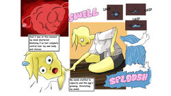  16:9 animal_humanoid anthro avian avian_humanoid bird chica_(fnaf) chicken comic_sans dagney duo egg egg_bulge english_text female five_nights_at_freddy&#039;s galliform gallus_(genus) hi_res human humanoid internal labor mammal oviposition phasianid pregnant scottgames text transformation uterus widescreen 