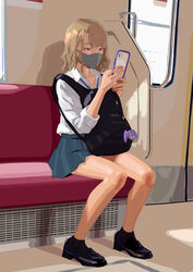  backpack bag bag_on_lap black_footwear black_socks blonde_hair blue_skirt brown_eyes cellphone closed_mouth curly_hair female full_body gyaru highres holding holding_phone jewelry kogal loafers long_sleeves looking_at_phone mask medium_hair miniskirt mouth_mask necklace necktie original phone pleated_skirt school_uniform shirt shoes sitting skirt smartphone socks solo streetcar_interior vehicle_interior white_shirt wing_collar yukiyoshi_mamizu 