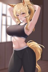  :p absurdres animal_ear_fluff animal_ears arknights armpits arms_up bare_shoulders black_pants black_sports_bra blonde_hair blurry blurry_background blush breasts cdof1300 commentary_request cowboy_shot crop_top female headset highres implied_after_fellatio indoors large_breasts leggings long_hair looking_at_viewer midriff navel nearl_(arknights) pants ponytail solo sports_bra standing stomach stray_pubic_hair tail thighs tongue tongue_out yellow_eyes 