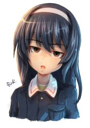  black_hair female girls_und_panzer hairband highres jitome kuroneko_douji long_hair ooarai_military_uniform open_mouth reizei_mako signature solo upper_body white_background 