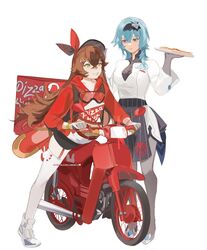  2girls amber_(genshin_impact) amber_(pizza_hut)_(genshin_impact) apron black_necktie blue_hair blush breasts chef crossed_bangs drawstring english_commentary eula_(genshin_impact) eula_(pizza_hut)_(genshin_impact) food food_delivery_box genshin_impact gloves goggles goggles_around_neck hair_ornament hair_over_shoulder hairclip highres hood hood_down hoodie lanhacy large_breasts long_hair long_sleeves looking_at_viewer motor_vehicle motorcycle multiple_girls necktie pizza pizza_delivery pizza_hut purple_eyes red_hoodie standing waist_apron white_gloves 