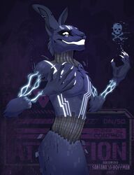  2023 abstract_background absurd_res anthro artist_name blue_body blue_fur claws dated digital_media_(artwork) electricity finger_claws five_nights_at_freddy&#039;s five_nights_at_freddy&#039;s:_security_breach five_nights_at_freddy&#039;s:_security_breach_ruin fur grin hi_res lagomorph leporid looking_at_viewer male mammal markings mxes_(fnaf) nude portrait rabbit santanahoffman scottgames skull_and_crossbones smile solo standing steel_wool_studios three-quarter_portrait white_claws white_markings 