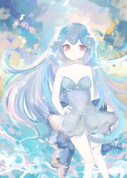  absurdres bao_(vtuber) bao_(vtuber)_(1st_costume) bare_shoulders blue_bow blue_hair bow breasts cleavage dress english_commentary female grey_dress hand_on_own_hip highres huge_bow indie_virtual_youtuber light_blush liquid_hair long_hair nox_(noxiesart) red_eyes small_breasts smile solo very_long_hair virtual_youtuber water 