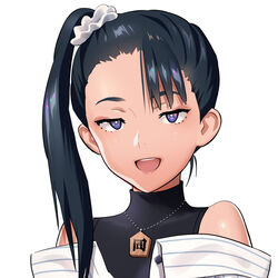  :d bare_shoulders black_hair bright_pupils female half-closed_eyes jewelry long_hair looking_at_viewer necklace off-shoulder_shirt off_shoulder open_mouth original portrait purple_eyes shirt side_ponytail simple_background smile solo sweater turtleneck turtleneck_sweater upper_body virtual_youtuber white_background white_pupils yukiyoshi_mamizu 