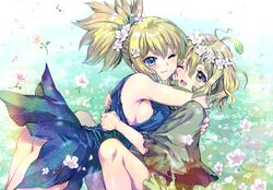  2girls absurdres ass bare_shoulders blonde_hair blue_dress blue_eyes blush breasts brown_eyes carnelian closed_mouth day dr._stone dress fingernails flower hair_flower hair_ornament highres hug kohaku_(dr._stone) large_breasts long_hair multiple_girls open_mouth outdoors ponytail scan short_dress short_hair sideboob simple_background sleeveless smile spoilers suika_(dr.stone) teeth thighs upper_teeth_only 