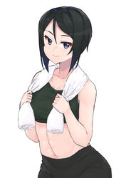  bike_shorts black_eyes black_hair black_shorts black_sports_bra chouno_ami closed_mouth commentary female girls_und_panzer highres kimi_tsuru looking_at_viewer midriff navel short_hair shorts simple_background smile solo sports_bra sportswear standing swept_bangs towel towel_around_neck white_background 