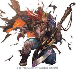  1boy bara bare_pectorals beard black_coat black_footwear black_hat black_sclera blue_pants boots coat coat_on_shoulders colored_sclera colored_skin commentary_request dark-skinned_male dark_skin eyepatch facial_hair fire_emblem fire_emblem_heroes full_body gem grin hand_up happy hat headband holding holding_polearm holding_weapon jewelry long_hair long_sleeves looking_at_viewer male_focus muscular muscular_male necklace official_alternate_costume official_art on_one_knee open_clothes open_shirt pants pectorals pirate pirate_hat polearm purple_skin red_eyes red_gemstone red_hair red_headband ring rope sash scar scar_across_eye scar_on_face shirt simple_background smile so-taro solo surtr_(fire_emblem) surtr_(pirate)_(fire_emblem) teeth thick_thighs thighs tooth_necklace torn_clothes torn_coat torn_pants torn_shirt two-sided_coat two-sided_fabric watermark weapon white_background white_shirt 