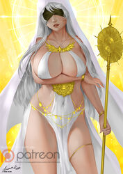  ariverkao arm_under_breasts black_blindfold blindfold breasts cleavage covered_eyes dated female habit holding holding_staff huge_breasts lips long_hair nun open_mouth original patreon_logo pelvic_curtain signature solo staff standing white_hair yellow_background 