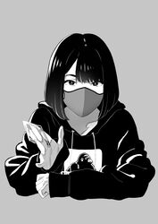  bob_cut covered_mouth female grey_background greyscale hand_up highres holding holding_money hood hood_down hoodie long_sleeves looking_at_viewer mask medium_hair money monochrome mouth_mask print_hoodie simple_background solo tonari_no_jk_ni_odosarete_iribitararetemasu upper_body yukiyoshi_mamizu 