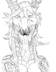  2018 anthro armor bodily_fluids bust_portrait dragon drooling duel_monster fangs fur_hire hair half-closed_eyes hi_res horn looking_at_viewer male marcushunter monster mythological_creature mythological_scalie mythology narrowed_eyes open_mouth portrait rafale_champion_fur_hire saliva saliva_on_tongue saliva_string scales scalie signature solo teeth tongue tongue_out yu-gi-oh! 