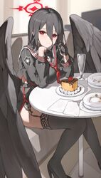  :t absurdres black_garter_straps black_gloves black_hair black_serafuku black_thighhighs black_wings blue_archive breast_rest breasts breasts_on_table cake cake_slice chewing feathered_wings female food fork garter_straps gloves hair_between_eyes halo hasumi_(blue_archive) high_heels highres holding holding_fork indoors large_breasts long_sleeves looking_at_viewer mole mole_under_eye neckerchief red_eyes red_neckerchief saucer school_uniform sentter serafuku sitting solo thighhighs wings 