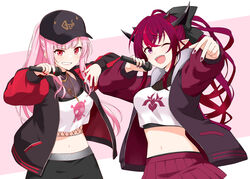  2girls absurdres cosplay felutiahime floral_print hat heterochromia highres holding holding_microphone hololive hololive_english horns iris_print irys_(hololive) long_hair microphone midriff mori_calliope mori_calliope_(cosplay) mori_calliope_(streetwear) multicolored_hair multiple_girls open_mouth pink_hair pointy_ears purple_eyes purple_hair red_eyes red_nails skirt skull_and_crossbones skull_print smile virtual_youtuber 