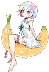  banana banana_boat barefoot breasts collar condom condom_wrapper dohna_dohna_issho_ni_warui_koto_o_shiyou dress dusonson female food fruit full_body hair_ornament heart heart_hair_ornament korean_commentary multicolored_hair off_shoulder pink_hair porno_(dohna_dohna) ribbon short_hair simple_background sitting small_breasts solo spiked_collar spikes suggestive_fluid two-tone_hair white_background white_dress white_hair 