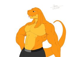  4_ears anthro bangaa biceps big_pecs bottomwear clothed clothing colored final_fantasy jagged_mouth locke_(spoongod) looking_away male multi_ear muscular muscular_male orange_body pants pecs piercing shirtless signature simple_background solo spoongod square_enix three-quarter_view tongue tongue_out topless white_background 