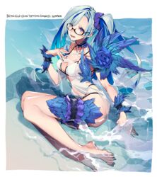  barefoot bikini blue_flower blue_hair blue_nails blue_rose breasts brynhildr_(fate) brynhildr_(swimsuit_berserker)_(fate) brynhildr_(swimsuit_berserker)_(first_ascension)_(fate) collarbone eyes_visible_through_hair fate/grand_order fate_(series) feet female flower glasses highres looking_at_viewer medium_breasts multicolored_hair nail_polish neck_garter open_mouth partially_submerged purple_eyes purple_scrunchie rose samei_ikusa scrunchie semi-rimless_eyewear side_ponytail sitting solo swimsuit toenail_polish toenails toes two-tone_hair white_bikini wrist_cuffs 