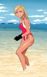  beach black_gloves blonde_hair blurry blurry_background bright_pupils competition_swimsuit copyright_request dark-skinned_female dark_skin depth_of_field earrings feet_out_of_frame female fingerless_gloves gloves highres jewelry looking_at_viewer ocean one-piece_swimsuit one_side_up outdoors parted_lips purple_eyes red_one-piece_swimsuit smile solo standing swimsuit wading white_pupils yukiyoshi_mamizu 