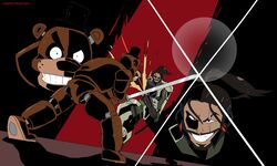  &gt;:) 2boys absurdres animal_ears armor artist_name bear_boy bear_ears beard black_eyes black_headwear brown_hair clash clenched_teeth crossover cyborg deputy_rust duel facial_hair five_nights_at_freddy&#039;s freddy_fazbear grin hat hf_murasama highres holding holding_sword holding_weapon katana male_focus metal_gear_(series) metal_gear_rising:_revengeance moustache multiple_boys ponytail power_armor prosthesis prosthetic_arm robot samuel_rodrigues scar scar_across_eye science_fiction short_hair smile sparks sword sword_clash teeth top_hat twitter_username v-shaped_eyebrows weapon 