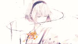  absurdres bad_id bad_pixiv_id bouno_satoshi cevio collared_shirt dress_shirt female greyscale hairband half-closed_eyes highres monochrome mouth_hold neck_ribbon orange_ribbon ribbon rime_(cevio) shirt short_hair solo spot_color suspenders upper_body white_background 