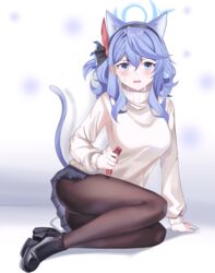  absurdres ako_(blue_archive) animal_ears arm_support black_footwear black_pantyhose black_skirt blue_archive blue_eyes blue_hair blush cake_walker cat_ears cat_tail collar extra_ears female full_body hair_between_eyes hair_ribbon halo high_heels highres holding holding_collar leaning_to_the_side legs_folded long_hair long_sleeves looking_at_viewer miniskirt open_mouth pantyhose pleated_skirt ribbon simple_background sitting skirt solo sweatdrop sweater tail turtleneck turtleneck_sweater white_sweater 