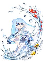  black_shorts blue_eyes blue_hair blunt_bangs blunt_ends clownfish commentary dapple_dualies_(splatoon) female fish highres holding holding_weapon hood hood_down hoodie inkling inkling_girl inkling_player_character jacket leg_up long_hair long_sleeves nomu_(29_nom) parted_lips pointy_ears sandals short_shorts shorts solo splatoon_(series) splatoon_2 standing standing_on_one_leg tentacle_hair water water_drop weapon white_background white_footwear white_jacket 