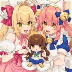  3girls ahoge animal_ears animal_hands animal_hat apron bell blonde_hair blue_bow blue_sailor_collar bow breasts brown_eyes brown_hair cat_hat cheek_poking cleavage commentary_request cosplay crossover dejiko dejiko_(cosplay) detached_sleeves di_gi_charat dice_hair_ornament dress fate/extra fate_(series) fox_tail girl_sandwich gloves green_eyes green_neckerchief hair_bell hair_intakes hair_ornament hairbow hat highres in_palm jingle_bell karokuchitose kishinami_hakuno_(female) long_hair maid_apron mini_person minigirl multiple_girls neckerchief nero_claudius_(fate) paw_gloves paw_shoes pink_bow pink_dress pink_hair plaid plaid_background poking puchiko puchiko_(cosplay) puffy_detached_sleeves puffy_short_sleeves puffy_sleeves pumpkin_pants rabbit_ears red_bow sailor_collar sandwiched short_sleeves tail tamamo_(fate) tamamo_no_mae_(fate/extra) twintails usada_hikaru usada_hikaru_(cosplay) w white_gloves wrist_bow yellow_eyes 