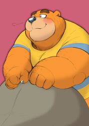  2020 animal_crossing anthro bear blush brown_body brown_fur clothing cute_fangs fur male mammal nintendo overweight overweight_anthro overweight_male shirt simple_background solo teddy_(animal_crossing) topwear wantaro 