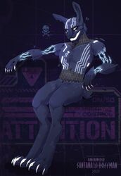  2023 abstract_background absurd_res anthro artist_name blue_body blue_fur claws dated digital_media_(artwork) electricity featureless_crotch finger_claws fingers five_nights_at_freddy&#039;s five_nights_at_freddy&#039;s:_security_breach five_nights_at_freddy&#039;s:_security_breach_ruin full-length_portrait fur grin hi_res lagomorph leporid male mammal markings mxes_(fnaf) nude portrait rabbit santanahoffman scottgames sitting skull_and_crossbones smile solo steel_wool_studios toe_claws white_claws white_markings 