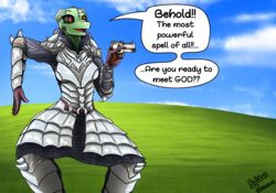  absurd_res argonian arm_spikes armor biobrony bliss_(image) clothed clothing dialogue english_text gun hi_res humor meer-mah meme microsoft microsoft_windows outside pose ranged_weapon scalie shoulder_spikes solo spikes spikes_(anatomy) text the_elder_scrolls threatening weapon windows_xp 