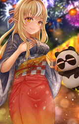  absurdres adapted_costume blonde_hair blurry blurry_background bow dark-skinned_female dark_skin depth_of_field elf female fireworks food_stand hairbow hand_on_own_chest highres hololive kintsuba_(shiranui_flare) long_hair looking_at_viewer multicolored_hair nori_chazuke obi official_alternate_costume official_alternate_hairstyle orange_eyes pointy_ears purple_eyes sash shiranui_flare shiranui_flare_(new_year) shirt sidelocks solo streaked_hair summer_festival v-shaped_eyebrows virtual_youtuber white_shirt 