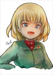  blonde_hair female girls_und_panzer highres katyusha_(girls_und_panzer) kuroneko_douji oerba_yun_fang open_mouth pravda_school_uniform school_uniform short_hair signature smile solo upper_body white_background 