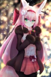  absurdres akiyama_neo alternate_costume animal_ear_fluff animal_ears azur_lane black_pantyhose bow box brown_gloves brown_jacket female flower fox_ears fur-trimmed_jacket fur_trim gift gift_box gloves green_eyes hair_flower hair_ornament hairbow hanazuki_(azur_lane) highres holding holding_gift jacket looking_at_viewer miniskirt open_clothes open_jacket pantyhose pink_bow pink_flower pink_sweater plaid plaid_skirt red_skirt skirt solo sweater tail turtleneck turtleneck_sweater valentine 