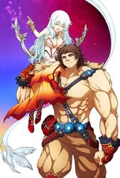  1boy artemis_(fate) bare_pectorals belt breasts brown_hair carrying closed_eyes commentary_request constellation dress fate/grand_order fate_(series) female large_breasts long_hair muscular muscular_male name_connection object_namesake oiun orion_(constellation) pectorals shoulder_carry size_difference smile star_(sky) strapless strapless_dress super_orion_(fate) white_hair 