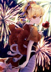  absurdres bandaged_leg bandages blonde_hair blurry candy_apple commentary_request depth_of_field female festival fireworks food from_behind genshin_impact hair_between_eyes hair_ornament highres holding holding_food japanese_clothes long_hair looking_at_viewer looking_back muitarou night night_sky obi orange_eyes ponytail rope sash shimenawa sidelocks sky smile solo tasuki yoimiya_(genshin_impact) 