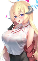  ahoge akari_(blue_archive) bare_shoulders black_gloves blonde_hair blue_archive blue_eyes blush bow bowtie bra_visible_through_clothes breasts female gloves highres horns large_breasts long_hair looking_at_viewer off_shoulder open_mouth red_bow red_bowtie see-through shirt simple_background sleeveless sleeveless_shirt smile solo symbol-shaped_pupils tented_shirt ushimittsu wet wet_clothes wet_shirt white_shirt 