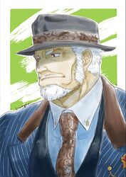  1boy amatsumara_(housamo) artist_name bara beard border brown_necktie facial_hair fedora formal goatee green_background hat kumagamike long_sideburns male_focus mature_male muscular muscular_male necktie old old_man outside_border scar scar_across_eye scar_on_face short_hair sideburns simple_background smile solo striped_suit suit tokyo_afterschool_summoners white_border 