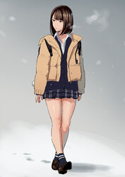  black_cardigan black_skirt black_socks bob_cut bright_pupils brown_eyes brown_footwear cardigan collared_shirt female full_body grey_background jacket loafers long_sleeves medium_hair miniskirt parted_lips pleated_skirt school_uniform shirt shoes simple_background skirt socks solo standing tonari_no_jk_ni_odosarete_iribitararetemasu walking white_pupils white_shirt wing_collar yellow_jacket yukiyoshi_mamizu 