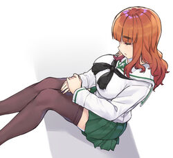  black_neckerchief black_thighhighs blouse blunt_bangs closed_eyes commentary female girls_und_panzer green_skirt hands_on_lap highres kimi_tsuru long_hair long_sleeves miniskirt neckerchief ooarai_school_uniform orange_hair parted_lips pleated_skirt sailor_collar school_uniform serafuku shirt sitting skirt sleeping solo takebe_saori thighhighs white_background white_sailor_collar white_shirt zettai_ryouiki 