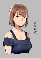  blue_bra bob_cut bra bra_strap breasts bright_pupils brown_eyes brown_hair cleavage closed_mouth cropped_torso female grey_background large_breasts looking_at_viewer medium_hair off-shoulder_sweater off_shoulder original simple_background solo sweater underwear upper_body white_pupils yukiyoshi_mamizu 