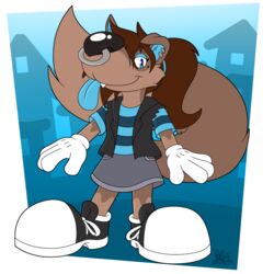  1:1 alpha_channel anthro big_feet big_nose blue_background blue_clothing blue_eyes blue_inner_ear blue_shirt blue_tongue blue_topwear brown_body brown_fur brown_hair canid canine canis clothing cute_fangs facial_piercing feet female fur gloves hair handwear hi_res mammal neighborhood nonbinary_(lore) nose_piercing pattern_clothing pattern_shirt pattern_topwear piercing round_nose shirt simple_background solo striped_clothing striped_shirt striped_topwear stripes tongue tongue_out toony topwear trinitylight white_clothing white_gloves white_handwear wolf 