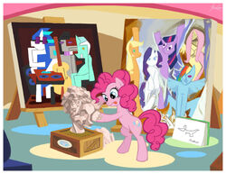  2012 applejack_(mlp) border box clay clay_sculpture container cubism cutie_mark detailed_background earth_pony easel equid equine female feral fluttershy_(mlp) friendship_is_magic hasbro horn horse inside inspired_by_formal_art janeesper looking_at_object lyra_heartstrings_(mlp) mammal mane mane_six_(mlp) molding my_little_pony mythological_creature mythological_equine mythology octavia_(mlp) painting pegasus pink_body pink_mane pinkie_pie_(mlp) pony rainbow_dash_(mlp) rarity_(mlp) sculpting signature solo standing studio tongue tongue_out twilight_sparkle_(mlp) unicorn vinyl_scratch_(mlp) white_border wings 