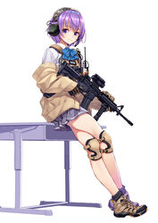  asato_miyo assault_rifle black_socks blue_bow blue_bowtie body_armor bow bowtie brown_footwear cardigan closed_mouth cross-laced_footwear desk dress_shirt female gloves grey_skirt gun headset highres holding holding_gun holding_weapon knee_pads little_armory looking_at_viewer m4_carbine magazine_(weapon) matsuryuu miniskirt off_shoulder pleated_skirt purple_eyes purple_hair radio rifle school_desk school_uniform scope shirt shoes short_hair simple_background single_horizontal_stripe sitting skirt smile sneakers socks solo trigger_discipline weapon white_background white_shirt wing_collar yellow_cardigan 